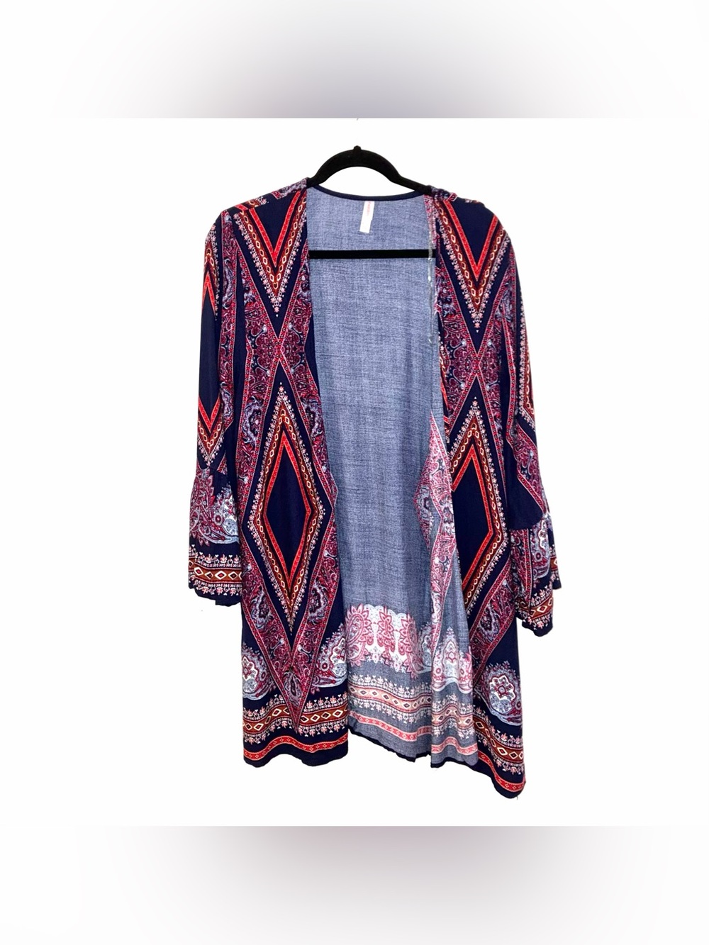 Xhilaration Size XL/XXL Red and Blue Boho Print Duster Wrap Bell Sleeves
